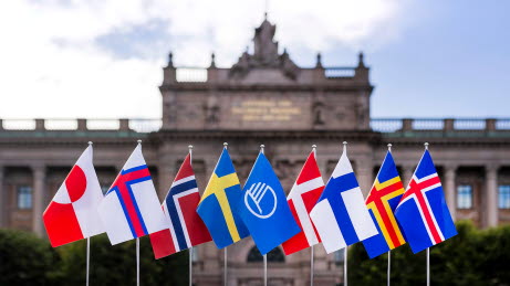 Nordiska rådets flagga samt flaggorna tillhörandes Nordiska rådets medlemmar bredvid varandra. Riksdagshuset i bakgrunden.