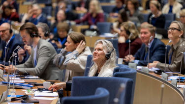 Delegater sitter i sina bänkar och lyssnar på debatten.
