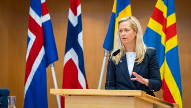 Kvinna står i talarstolen med flaggor i bakgrunden.