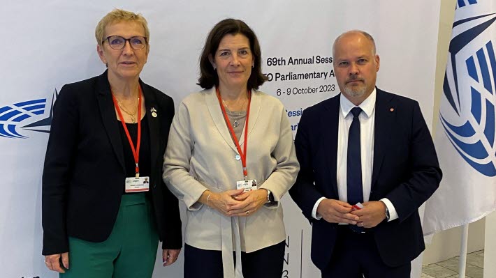 Kerstin Lundgren, Karin Enström och Morgan Johansson står framför en vit vägg och en fana med Natos parlamentariska församlings logotyp 