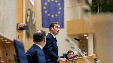 Statsministern står i talarstolen med EU-flaggan i bakgrunden