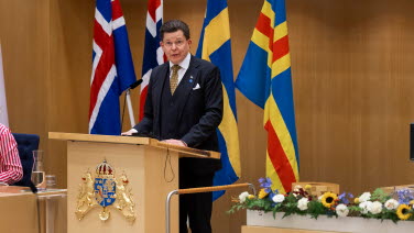 Talmannen står i talarstolen med flaggor i bakgrunden