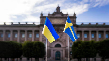 I förgrunden syns Ukrainas och Sveriges flagga. I bakgrunden syns Riksdagshuset