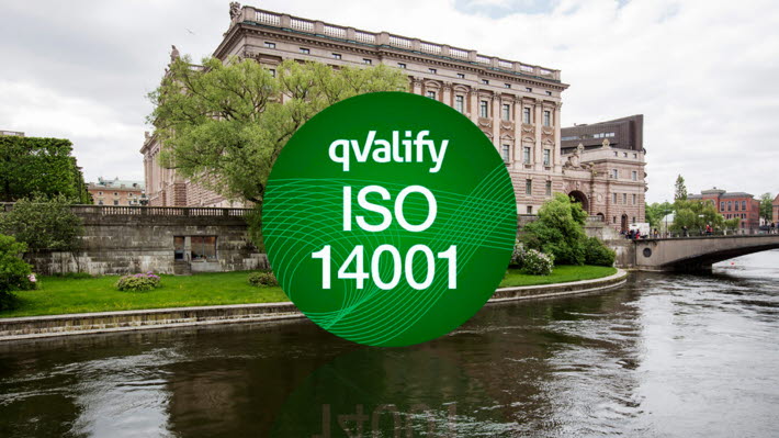 Cerifieringsmärket för ISO 14001 på ett foto av Riksdagshuset med vatten i förgrunden.